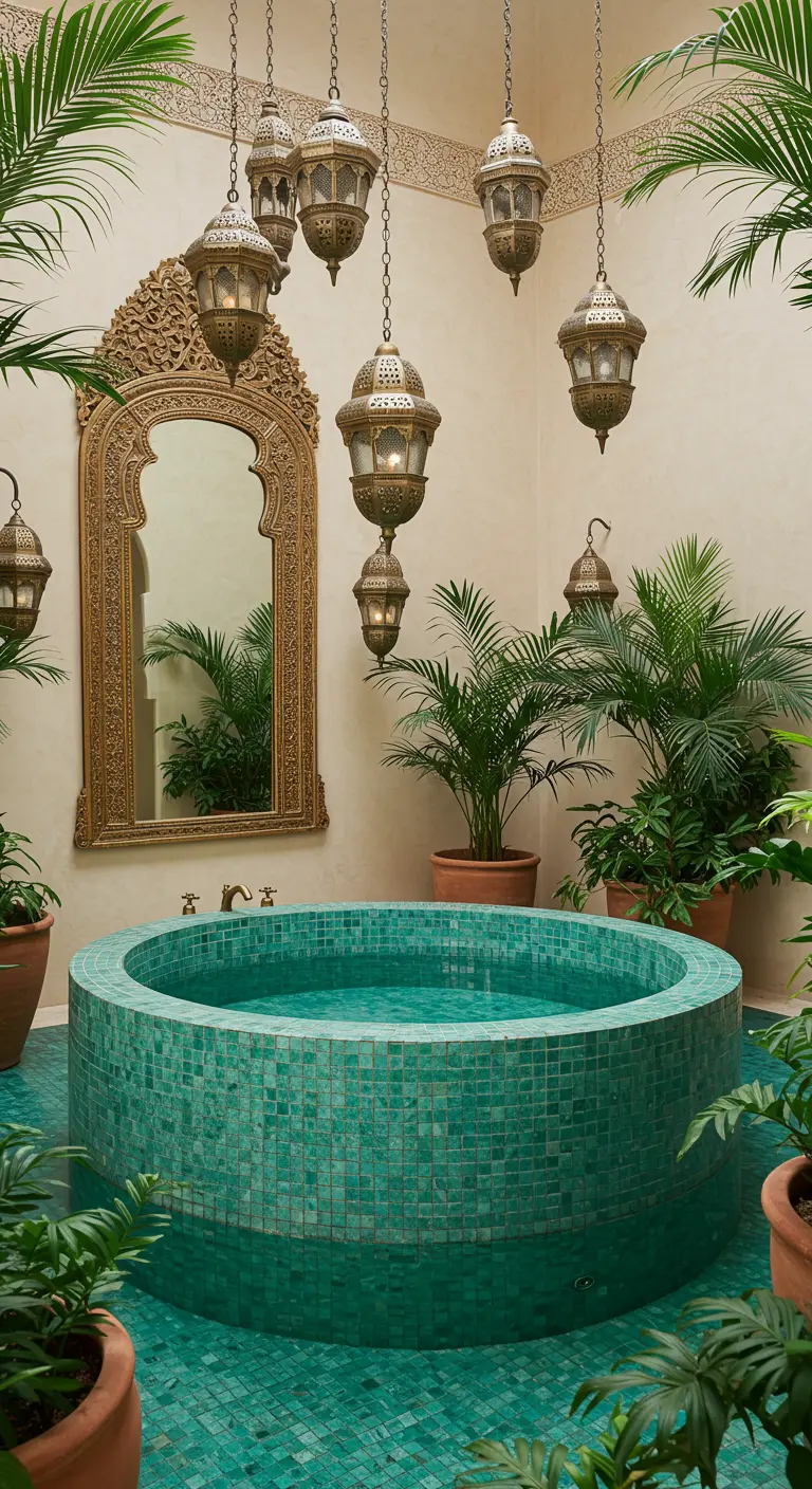 Bathroom styled as a riad courtyard with a central tiled plunge pool and many plants.