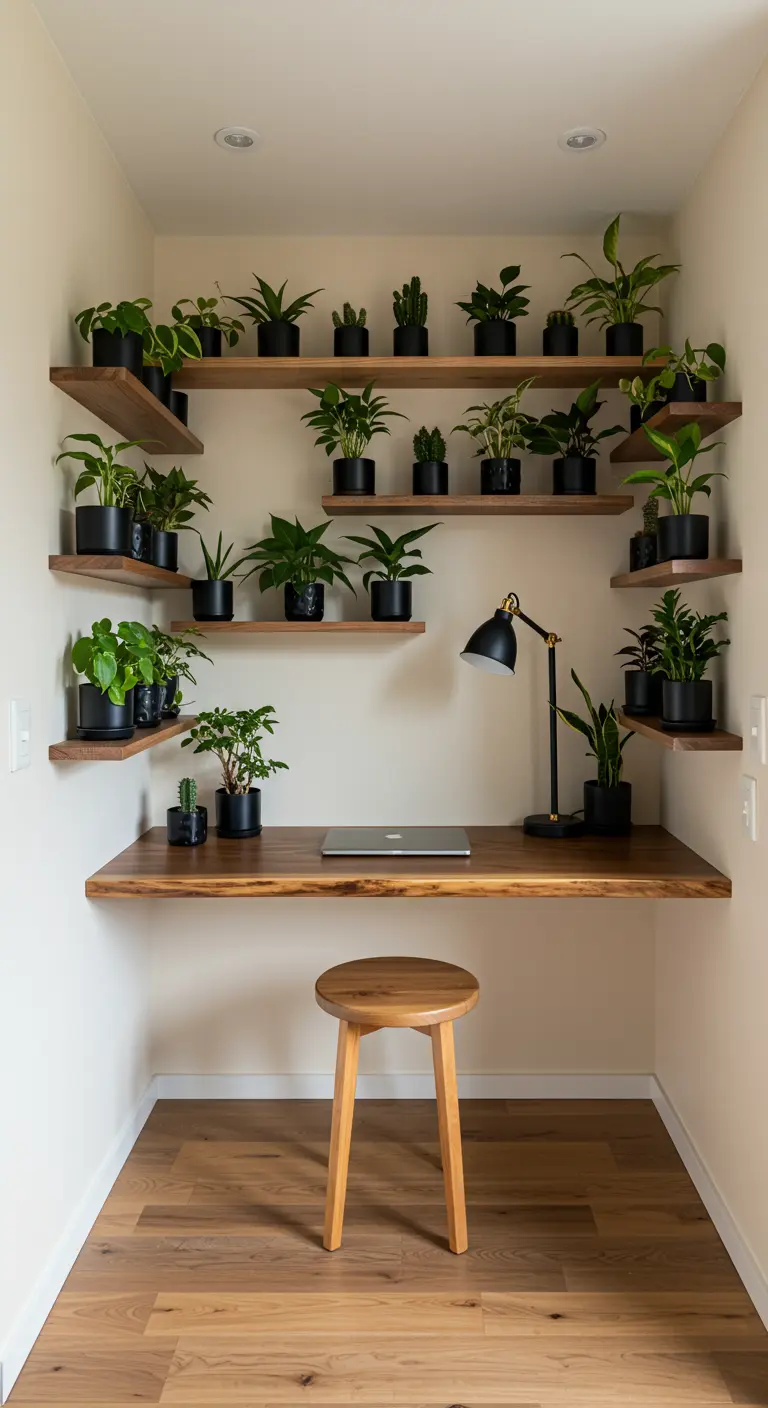 A tiny home office built into a nook with a live-edge desk and wraparound plant shelves.