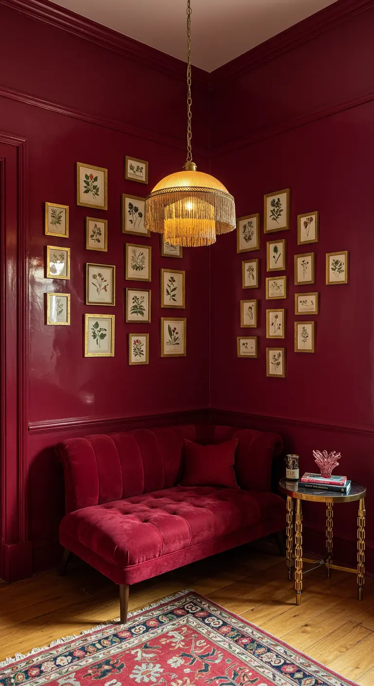 A cozy corner with raspberry-colored walls, a matching velvet daybed, and a grid of botanical art.