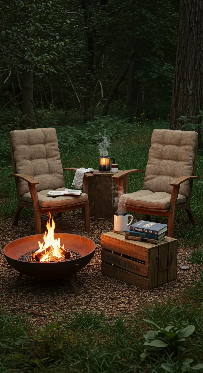 Two cushioned chairs and a fire bowl create an intimate reading nook in the woods.
