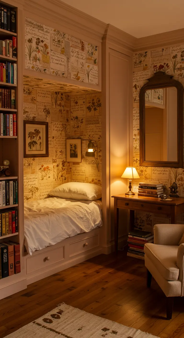 A cozy built-in bed nook lined with botanical script wallpaper, with a reading lamp inside.