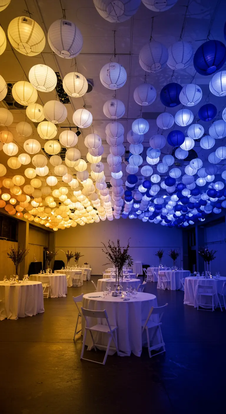 A ceiling filled with paper lanterns transitioning from yellow and orange to deep blue.