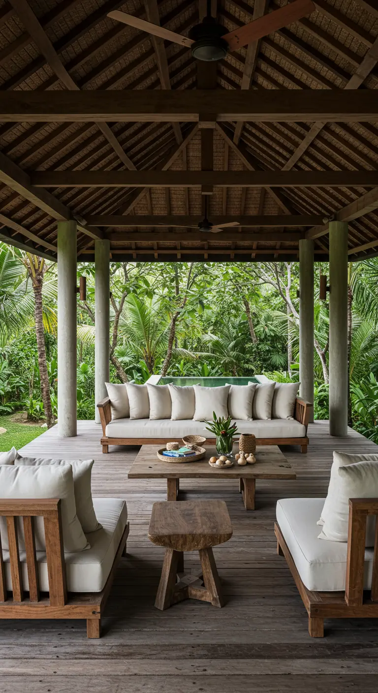 An open-air covered patio with comfortable wood furniture, surrounded by lush tropical greenery.