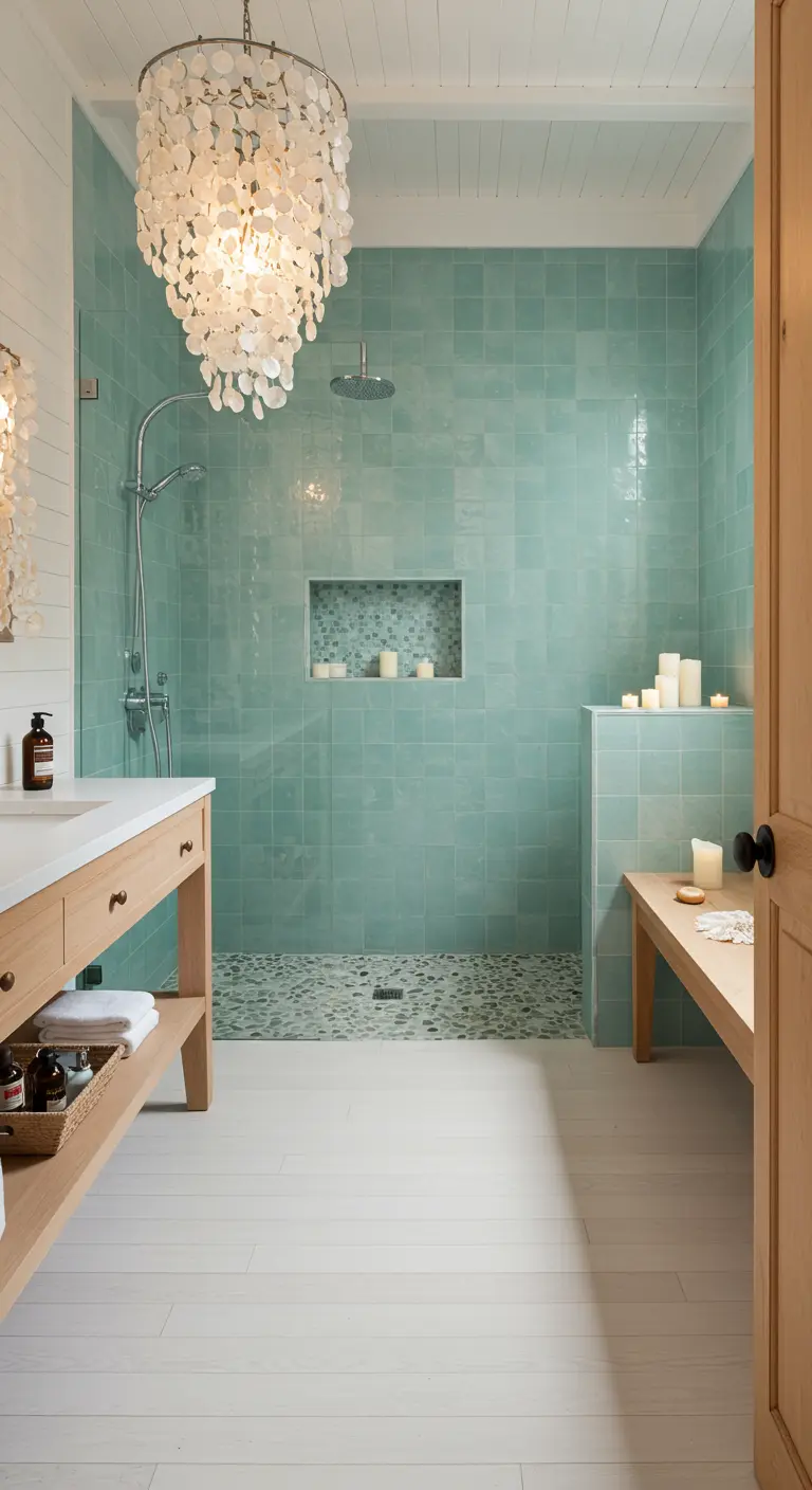 Open-concept wet room with pebble shower floor and wooden bench.