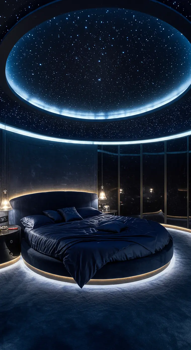 Futuristic round bedroom with a circular bed and a ceiling lit with fiber-optic stars.