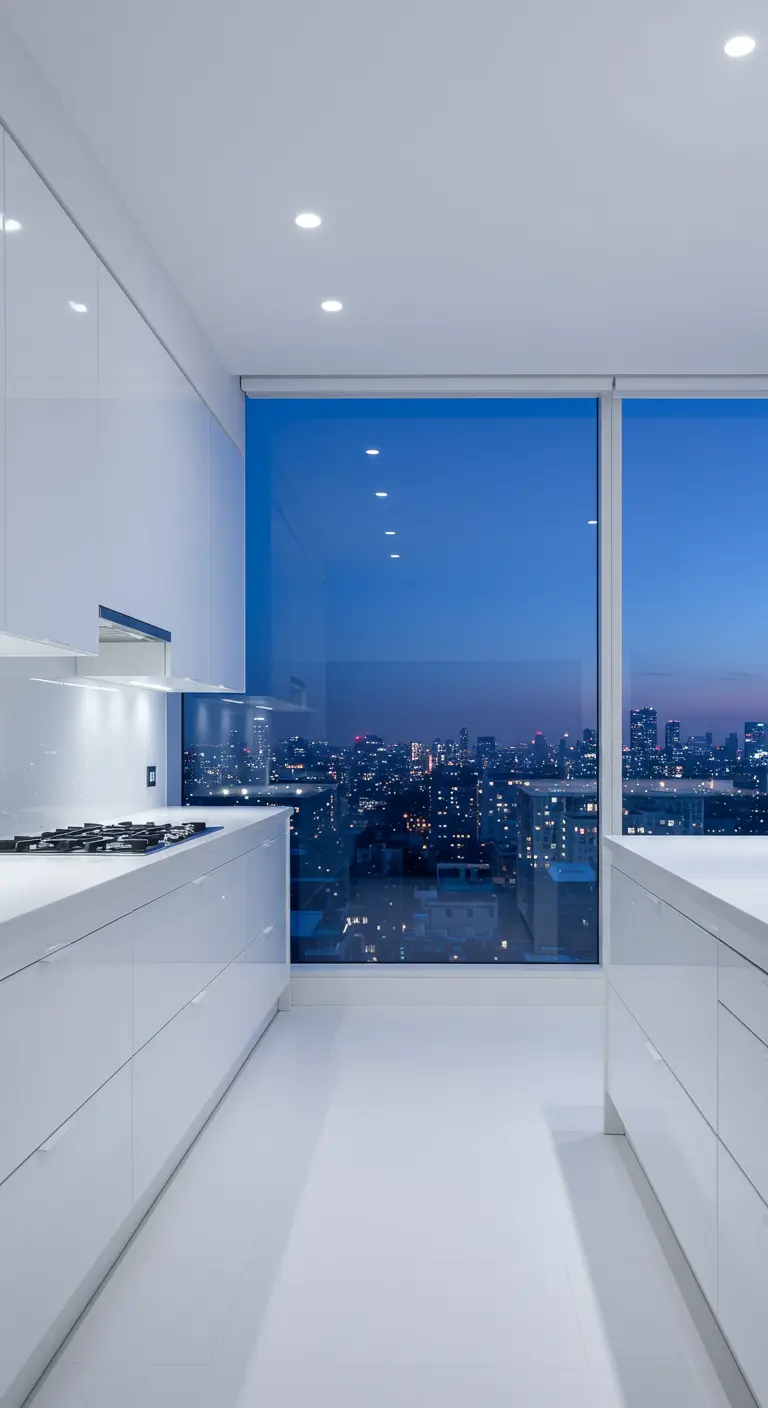 A minimalist white galley kitchen with a large window overlooking a city skyline at dusk.