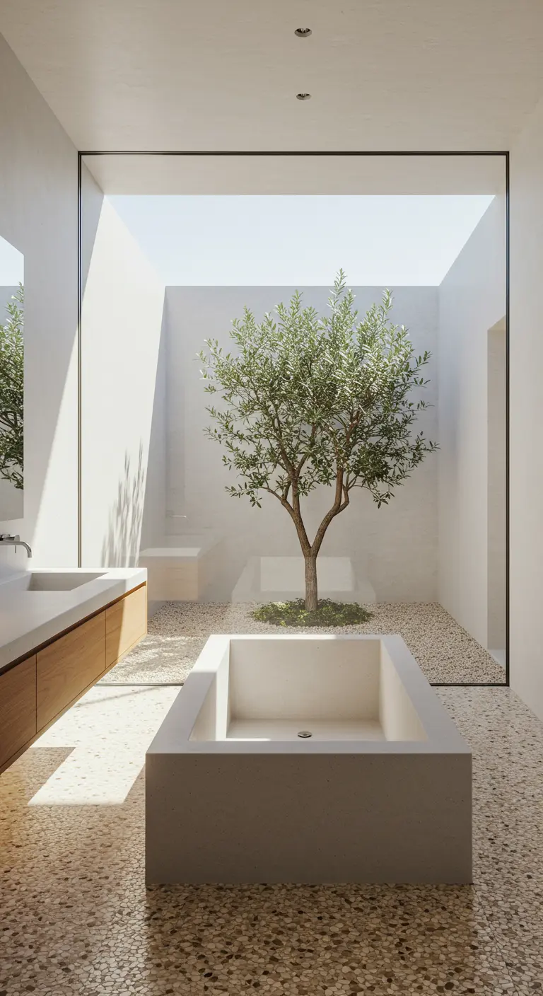 Minimalist bathroom with a concrete tub looking into a courtyard with an olive tree.