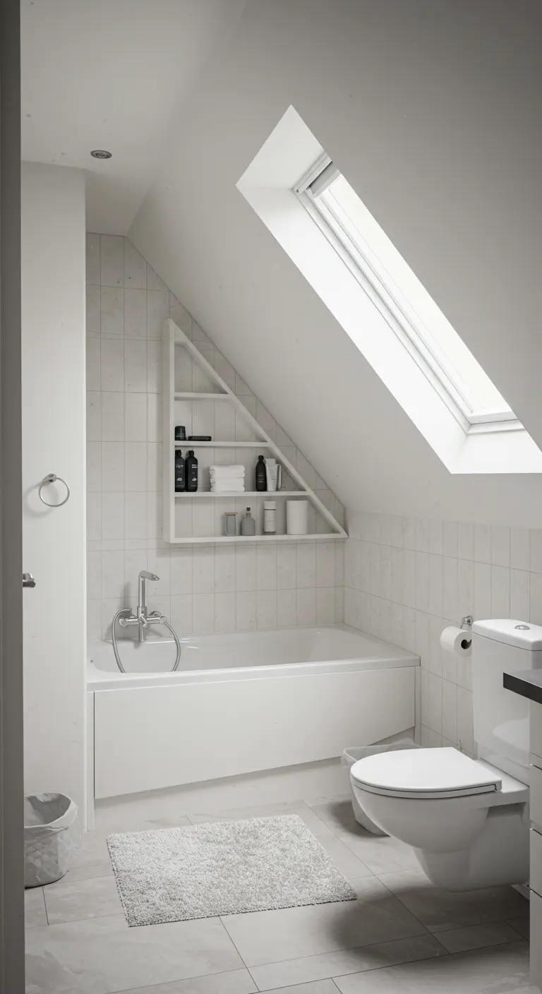 White attic bathroom with custom-built triangular shelving in a sloped niche.