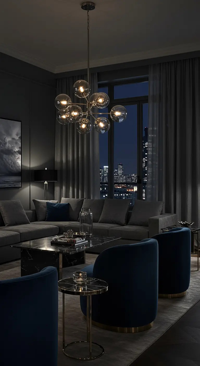 A moody, dark living room at night, with navy velvet chairs and a bubble chandelier.