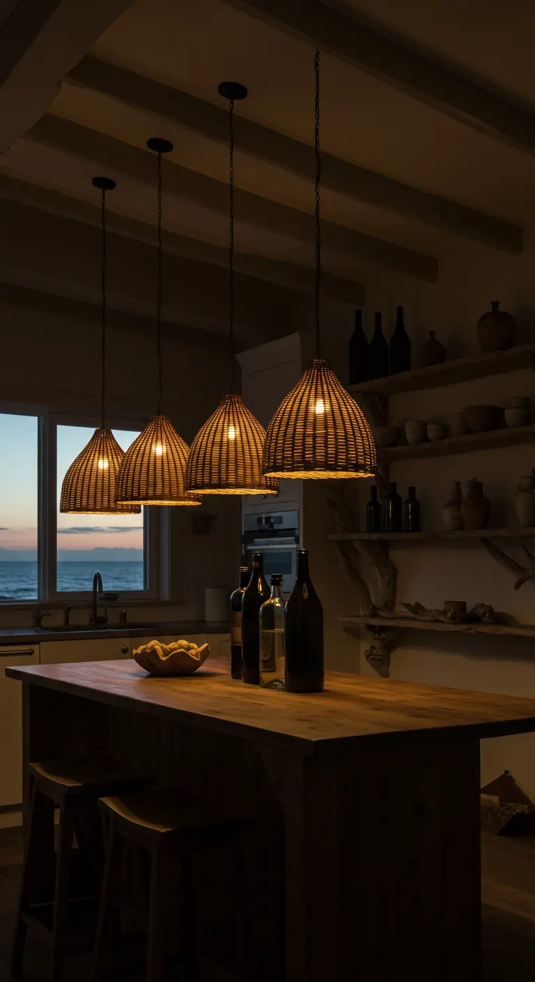Four woven pendants cast a warm, intimate glow over a kitchen island at dusk.