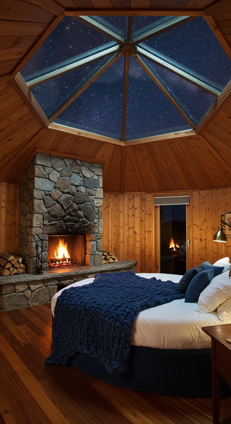 An octagonal bedroom with a round bed under a large glass skylight showing the night sky.