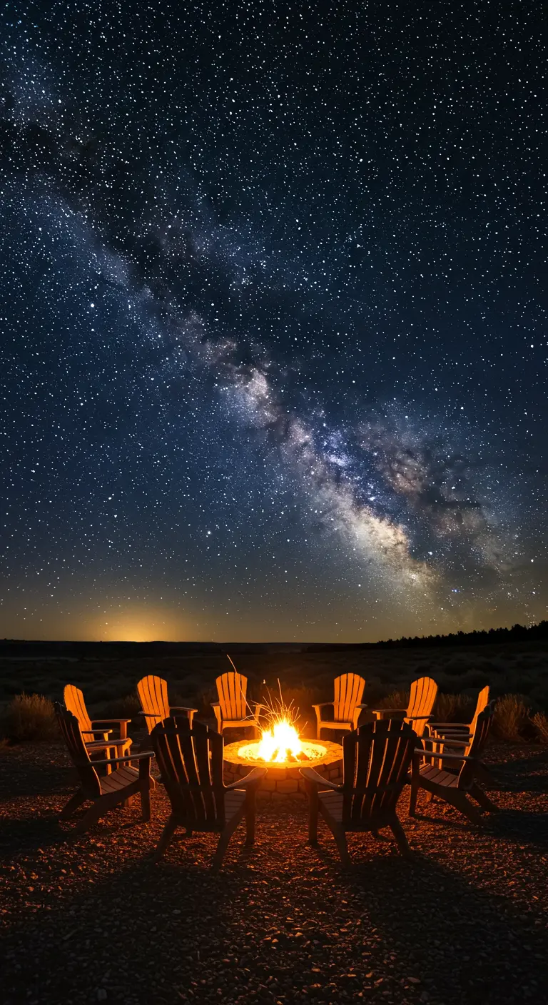 A fire pit glows under a vast, starry night sky with the Milky Way visible.