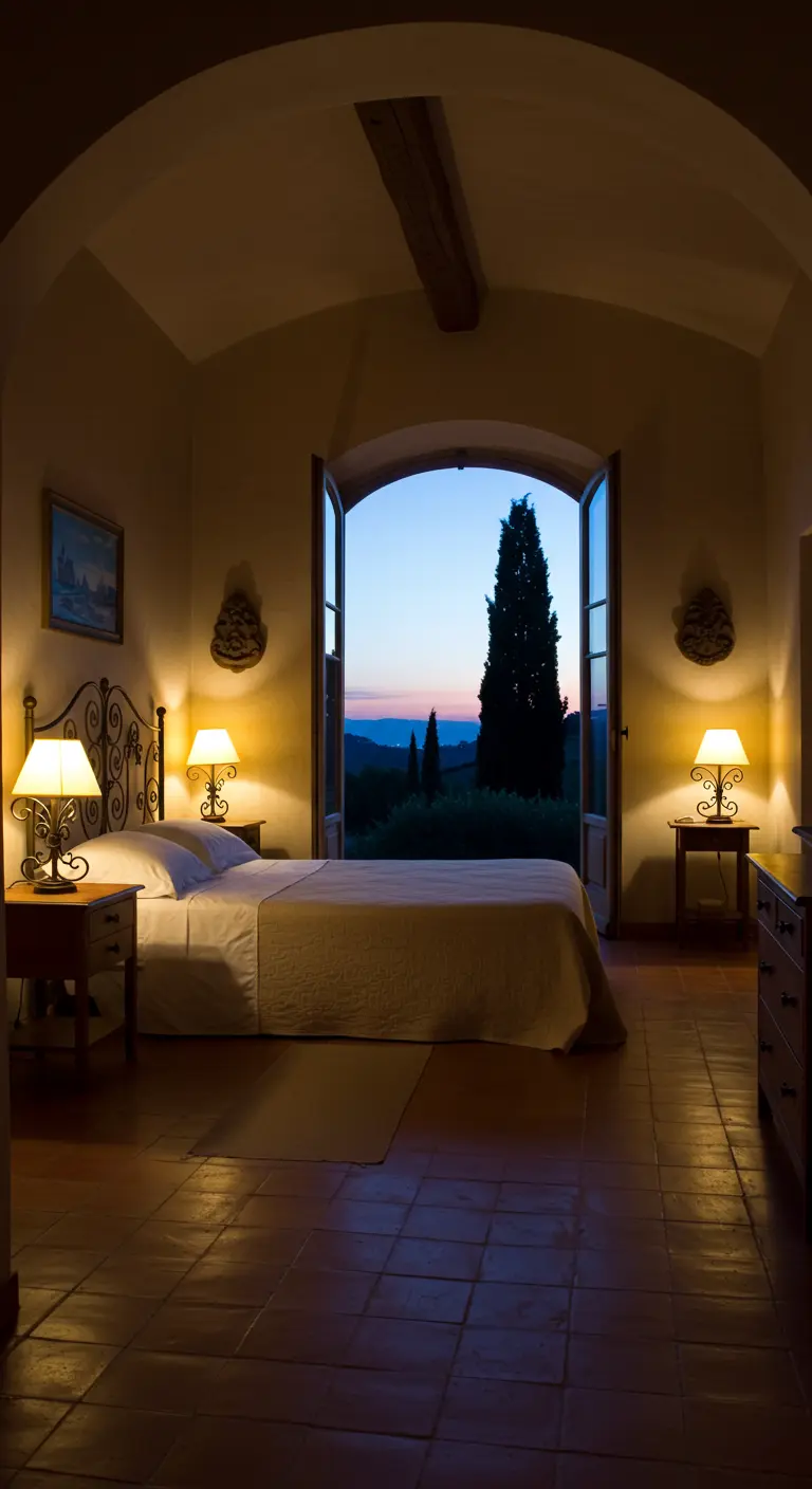 Bedroom at dusk with warm lamps on, looking out an arched door to a twilight landscape.