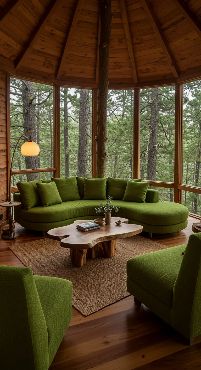 A curved green sofa follows the shape of an octagonal, wood-paneled room with large windows.
