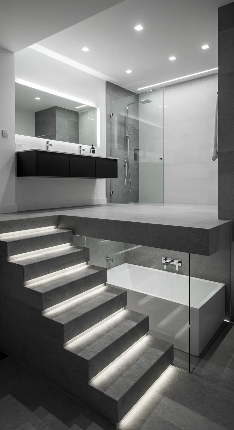 A split-level gray bathroom with a sunken tub and a raised platform for the vanity and shower.