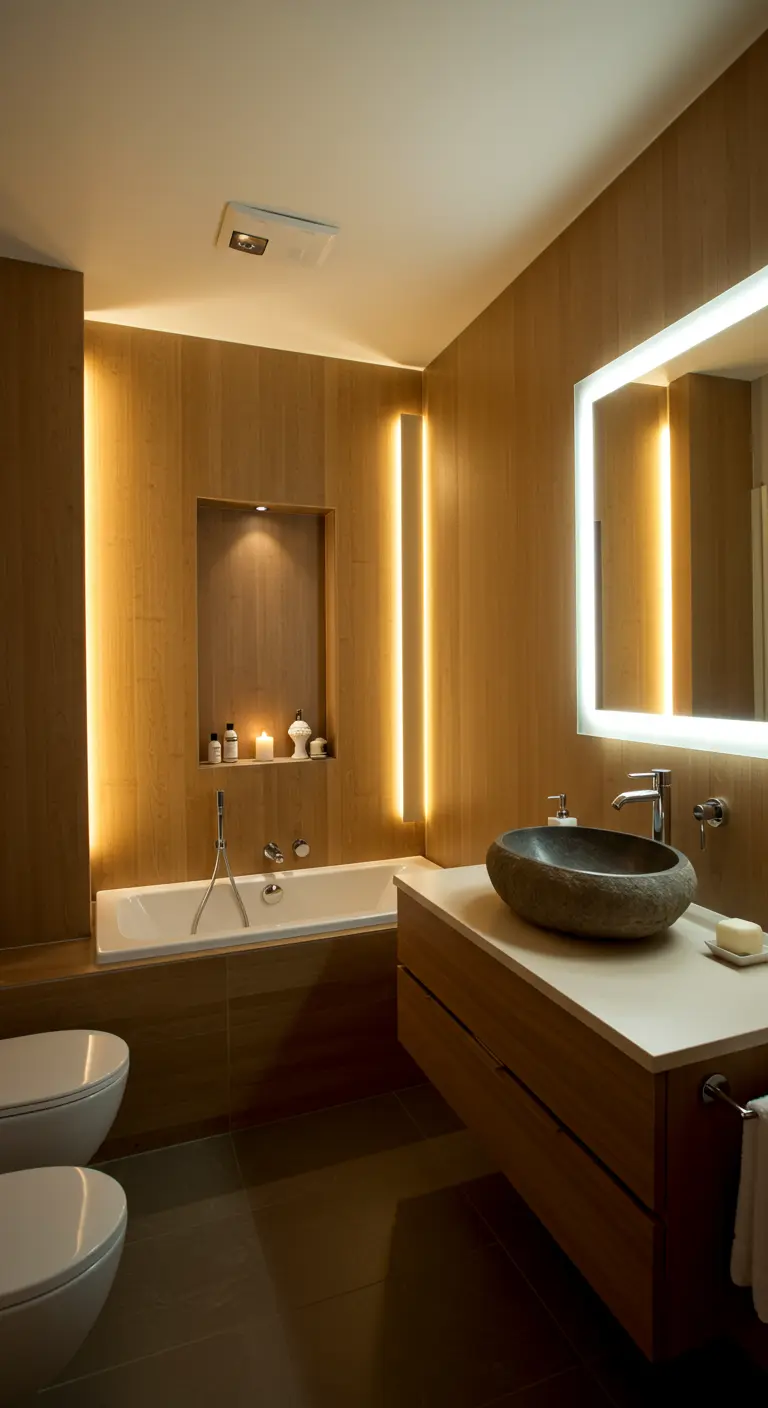 Wood-paneled bathroom with integrated vertical LED strip lighting and a lit niche over the tub.