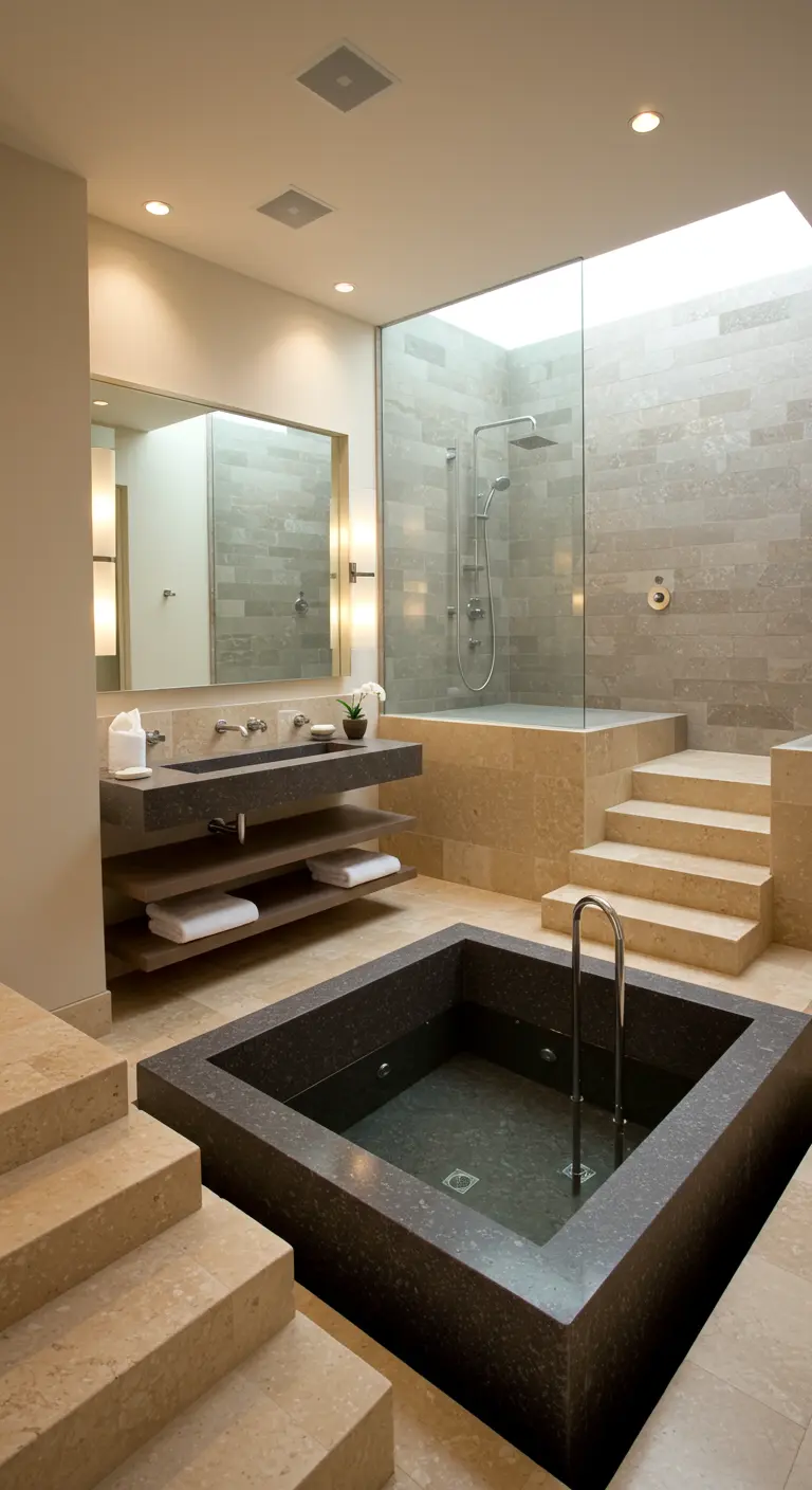Limestone bathroom with a sunken tub and raised shower area creating multiple levels.