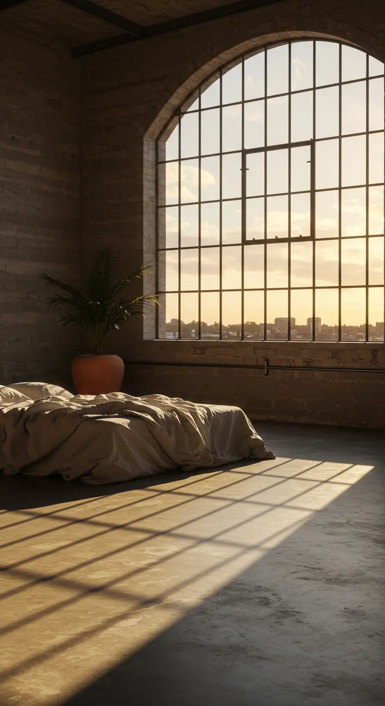 A floor bed in a minimalist loft, bathed in the warm light and long shadows of a setting sun.