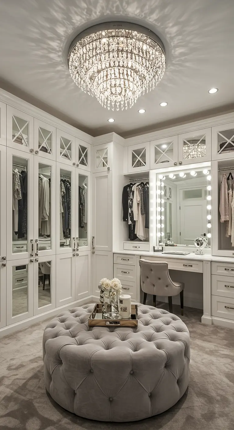 Luxurious walk-in closet with a gray tufted ottoman, white cabinets, and a crystal chandelier.