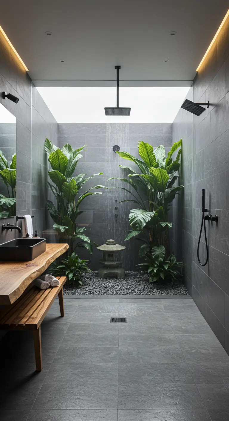 Atrium-style walk-in shower with large plants under a skylight and a stone lantern.