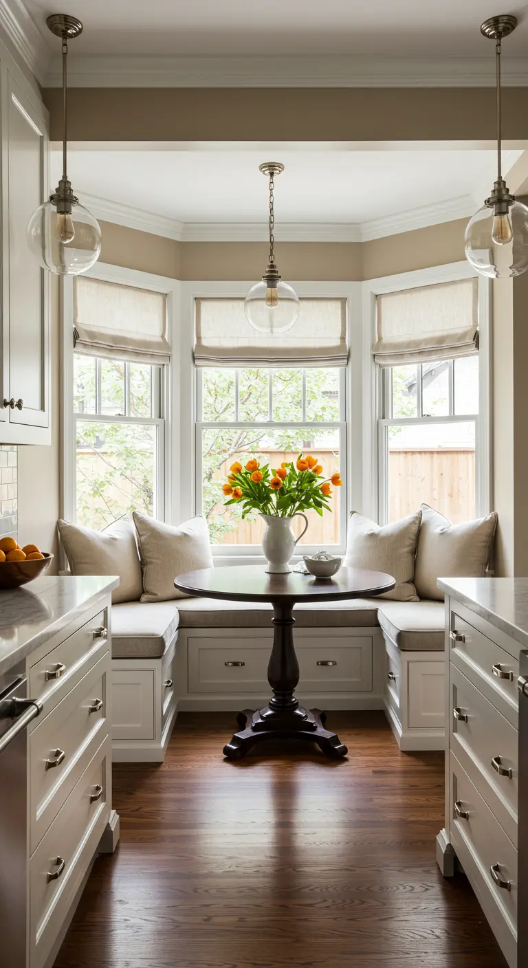Bay window kitchen nook with a large built-in banquette and round table.