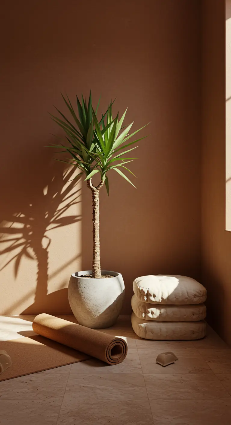 A corner with beige walls, a potted yucca plant, a cork mat, and stacked floor cushions.