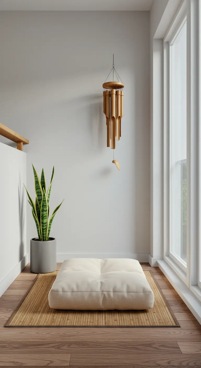 A minimal balcony corner with a single floor cushion, a snake plant, and a bamboo wind chime.