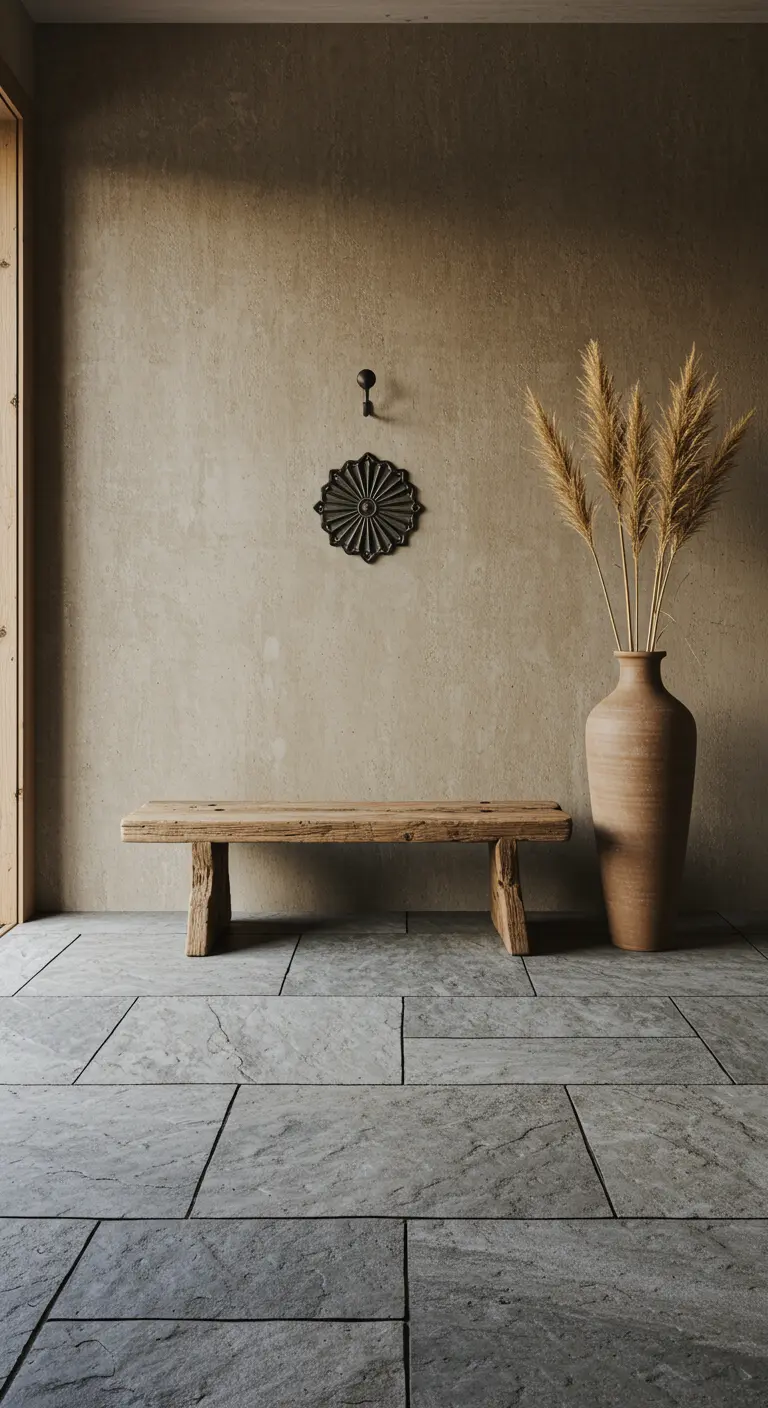 An entryway with a rustic wooden bench against a textured wall next to a large vase.