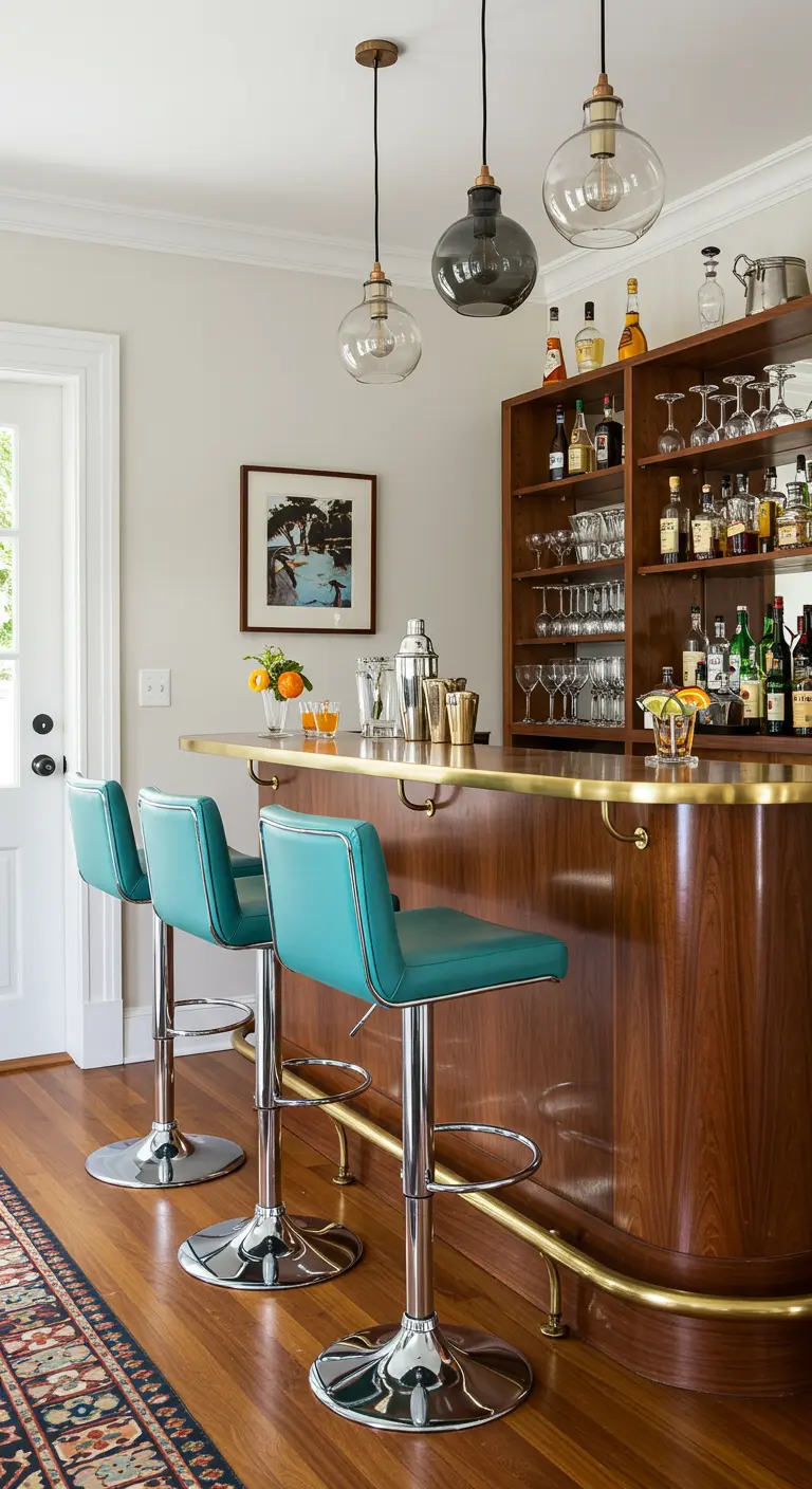 Home bar with a curved walnut counter, teal stools, and chrome accents.