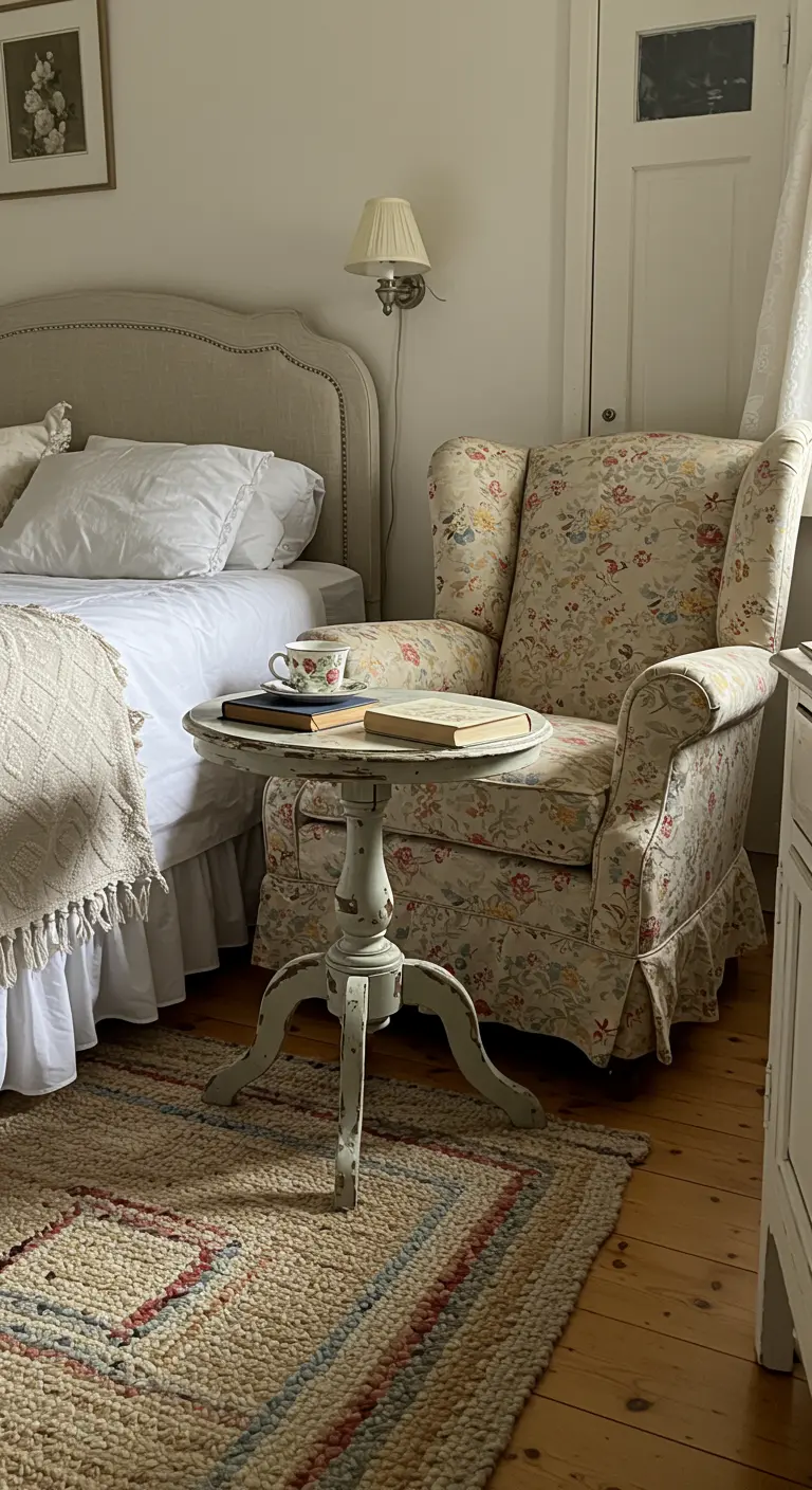 A reading nook with a floral armchair, a small pedestal table with a book and teacup.