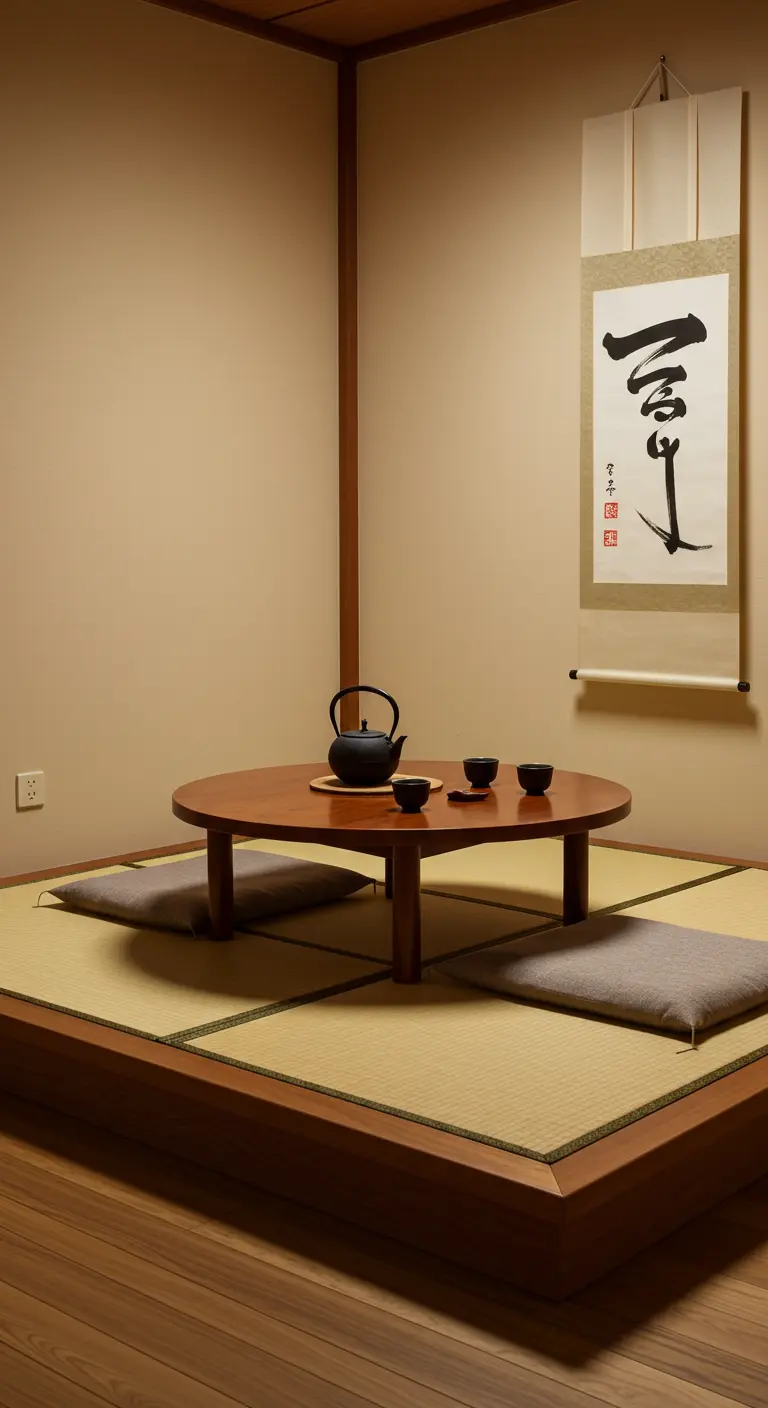 Traditional Japanese tea room with a low table, teapot, and floor cushions.
