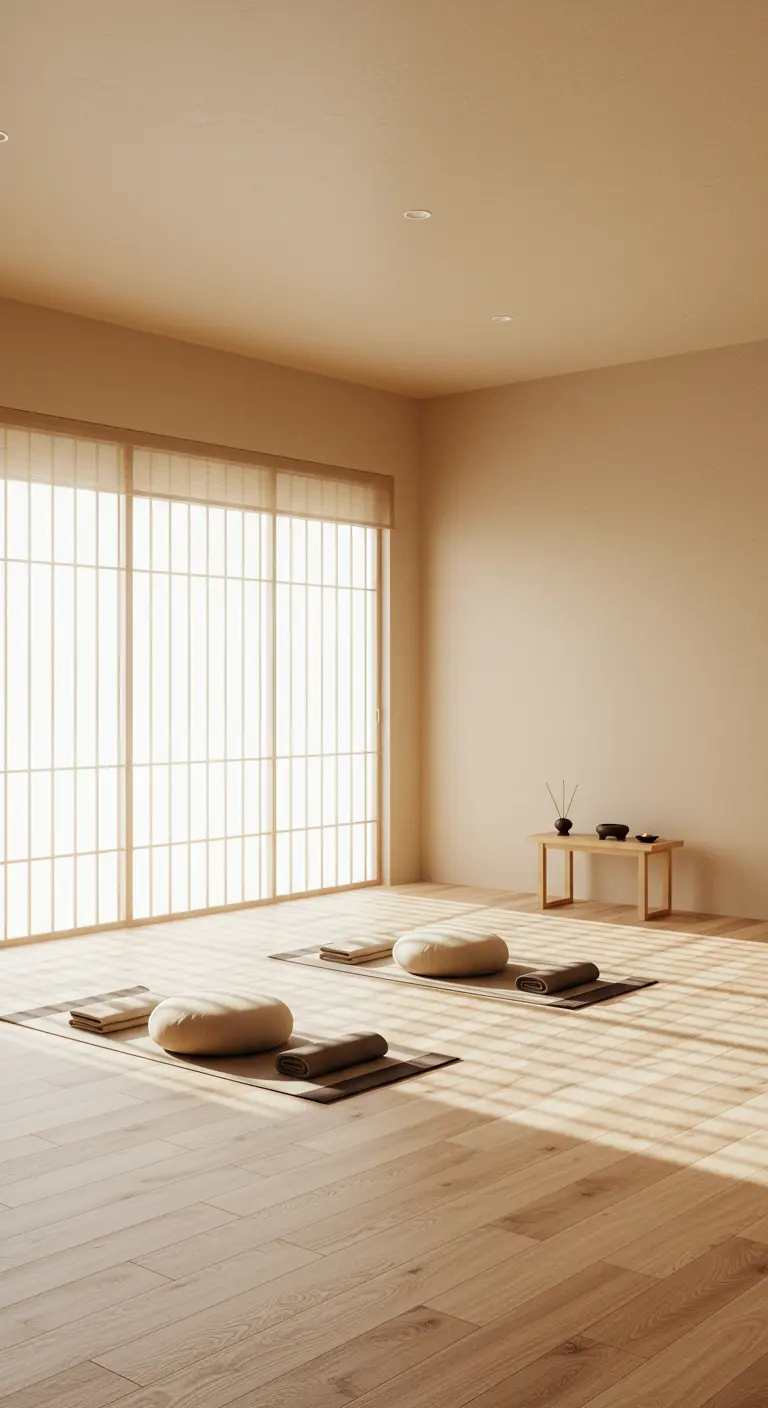 A serene meditation room with floor cushions, shoji screens, and soft, natural light.