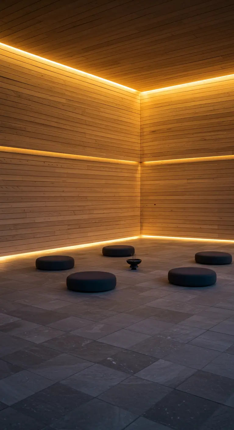 A minimalist meditation room with wood walls and five round floor cushions.