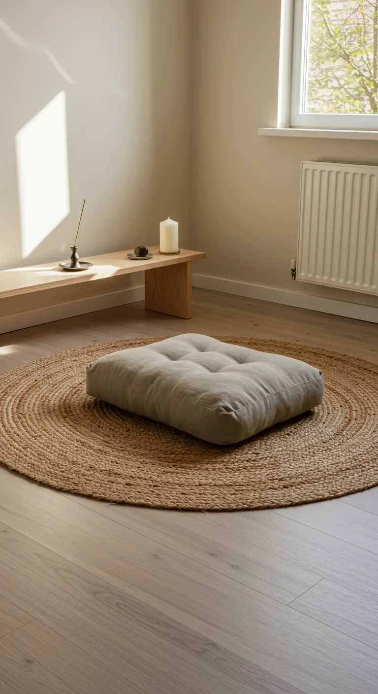 A meditation corner with a tufted floor cushion on a round jute rug.