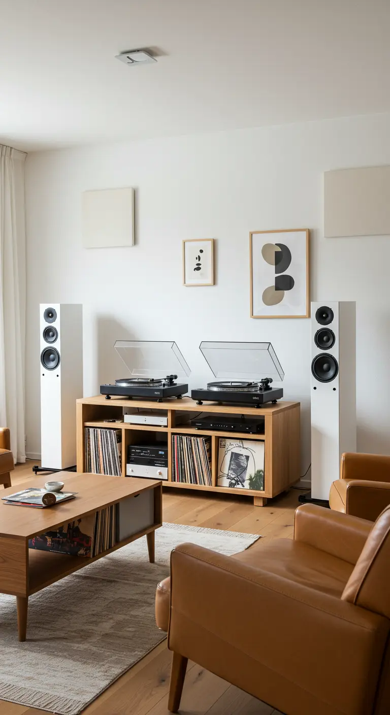 A dedicated music corner with two turntables on an oak console and leather listening chairs.