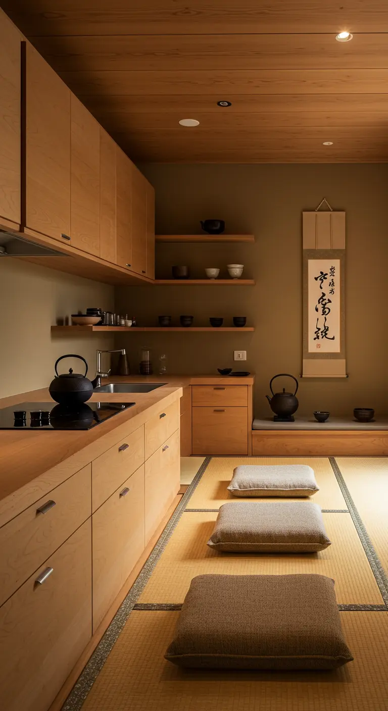 Japanese-style kitchen with a tatami mat area and floor cushions for tea.
