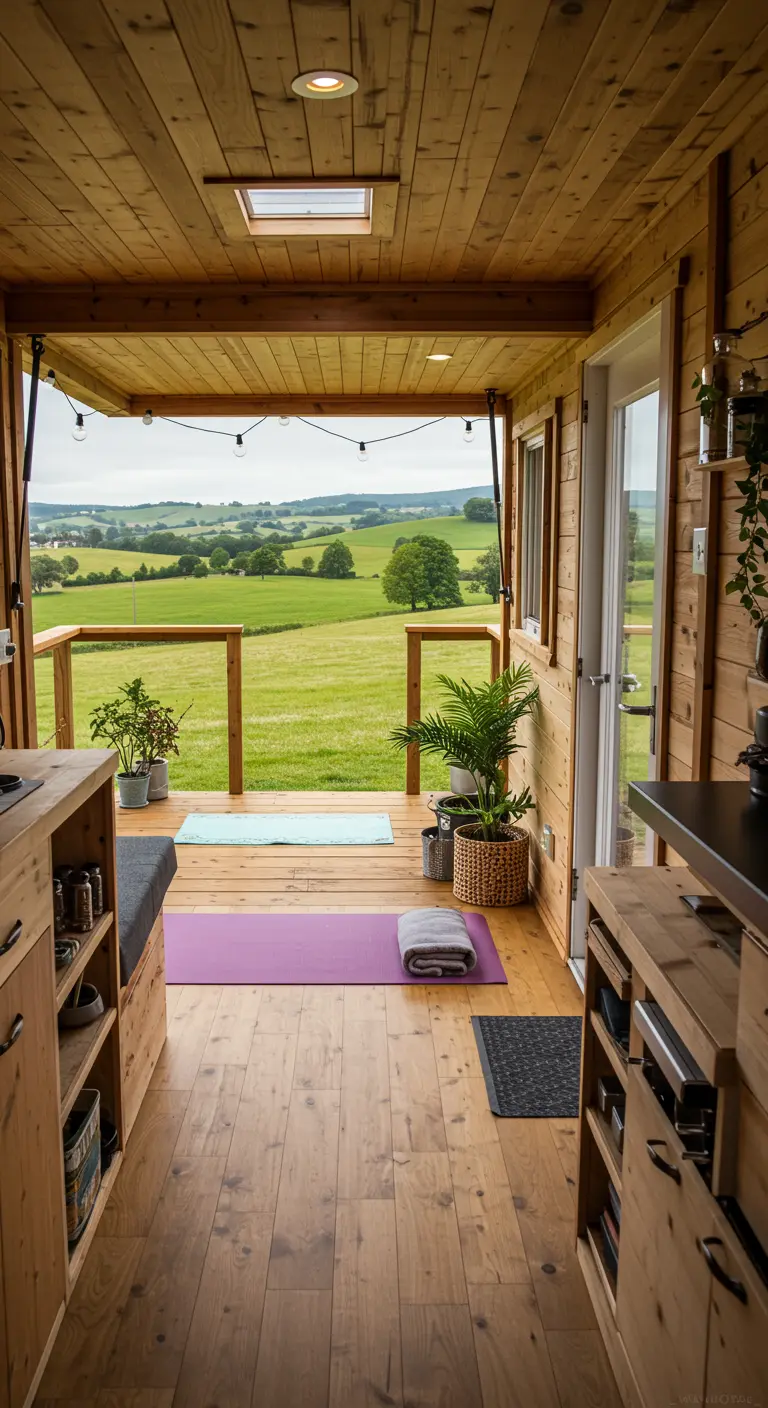 Interior of a wood-paneled tiny home looking out to a green field, with yoga mats.