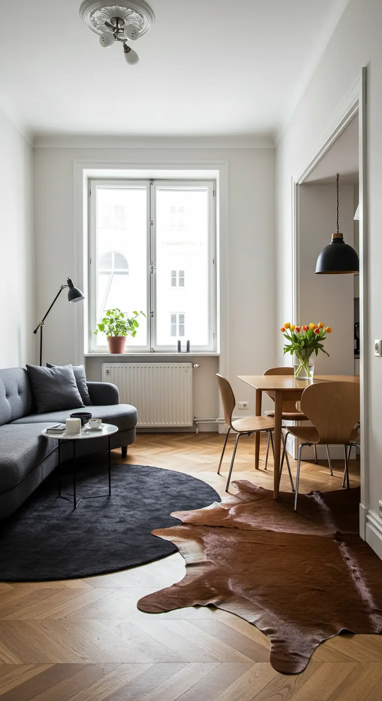 Two rugs—one round and black, one brown cowhide—define living and dining zones.