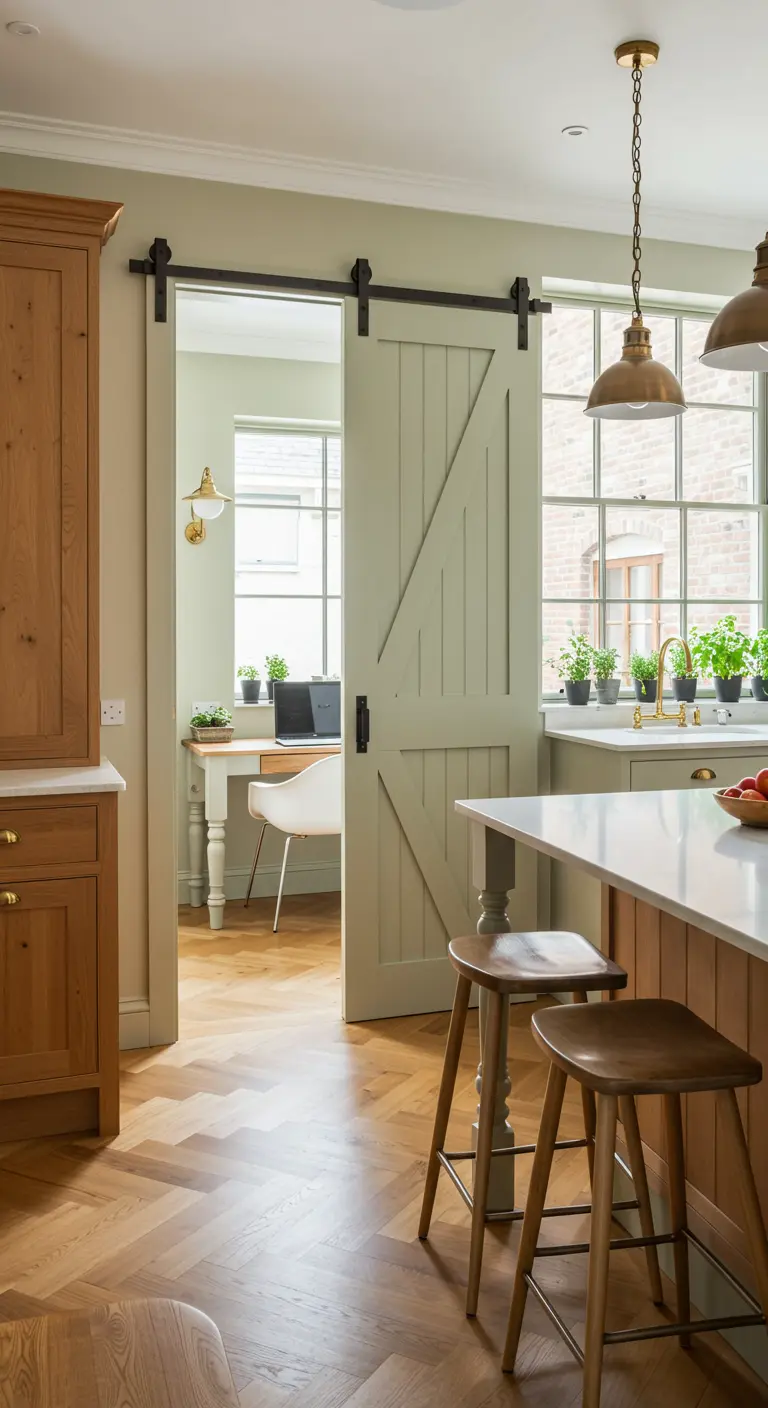 A sage green barn door slides to reveal a home office space adjacent to the kitchen.