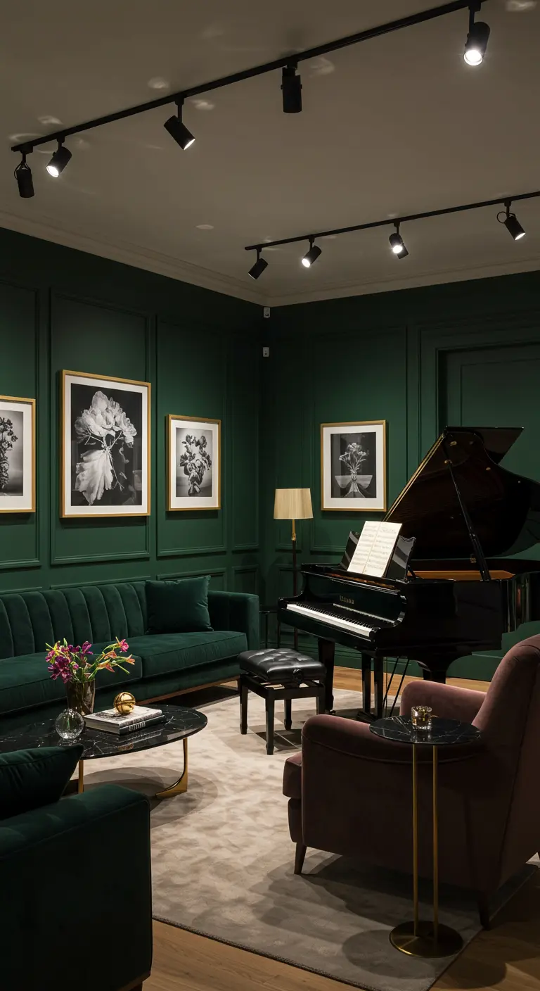 Music room with green walls and a grand piano, using track lighting to define the space.