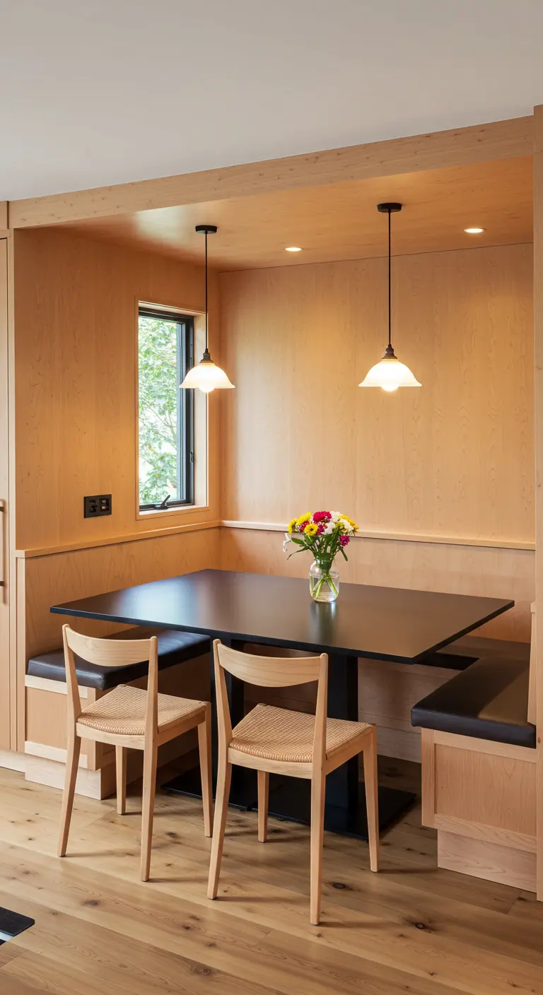 A built-in dining nook with wood paneling, a black table, and two wood chairs.