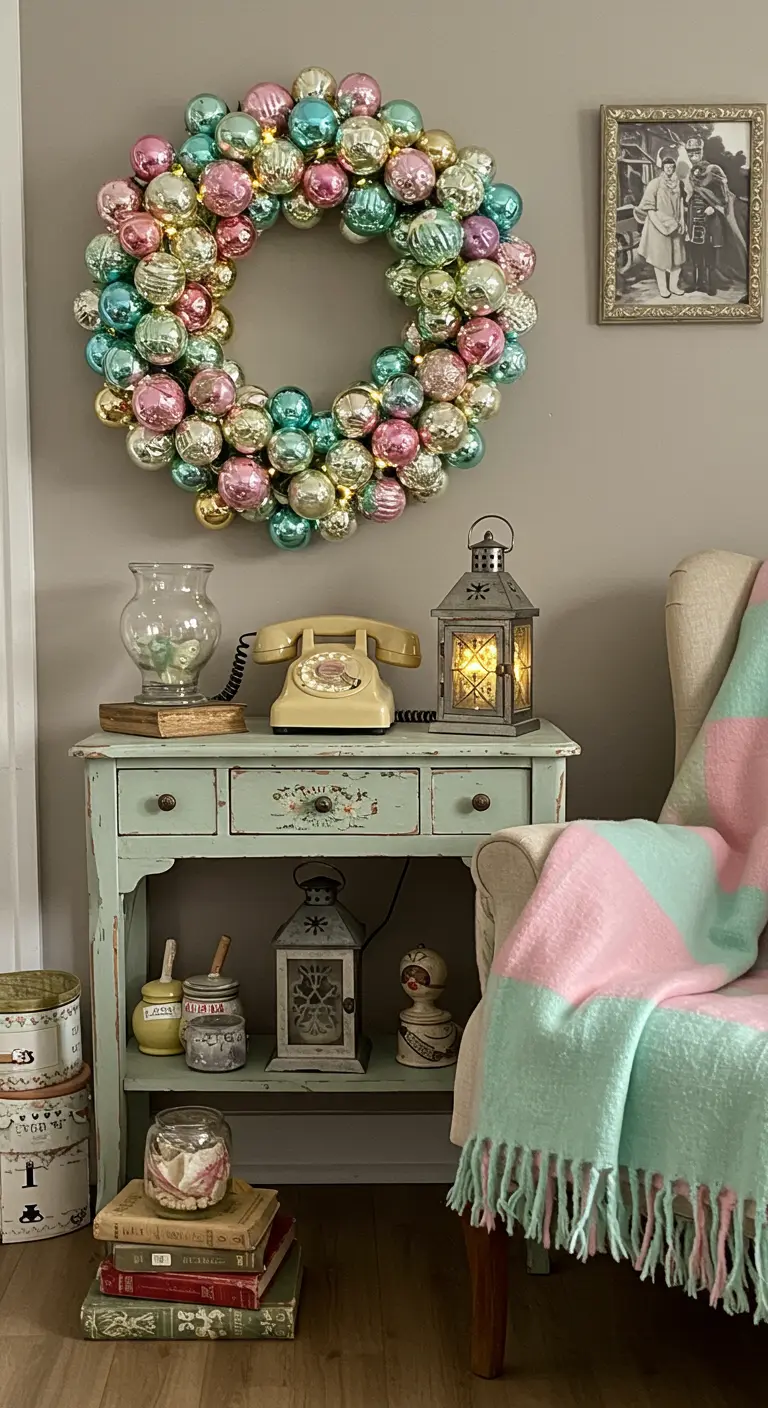 Vintage entryway with a wreath made of pastel glass ornaments and a retro telephone.