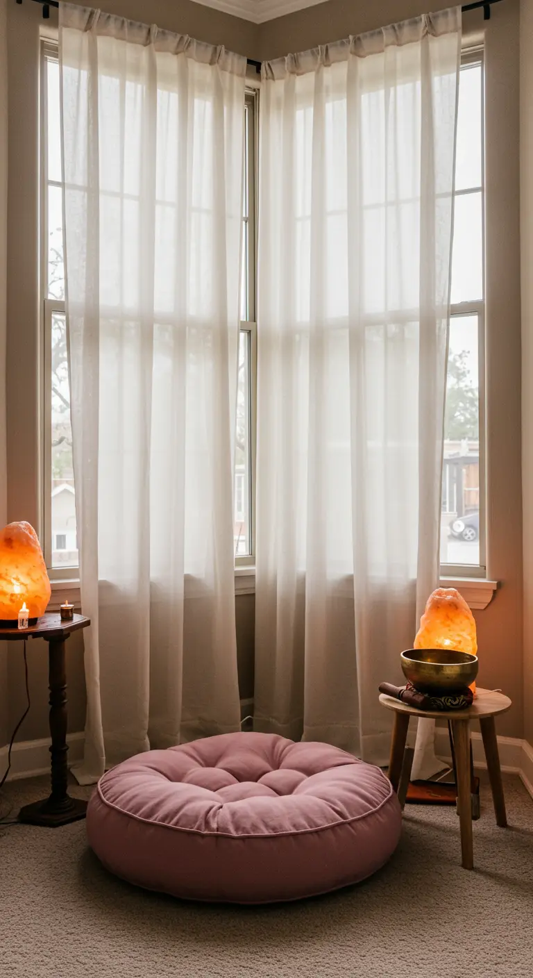 A meditation space with sheer curtains, a pink cushion, and salt lamps.