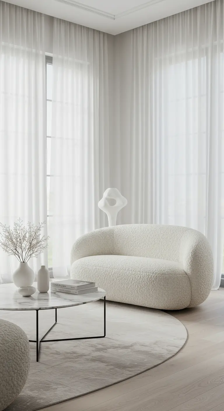 Airy white living room with sheer curtains, a curved bouclé sofa, and a round marble table.