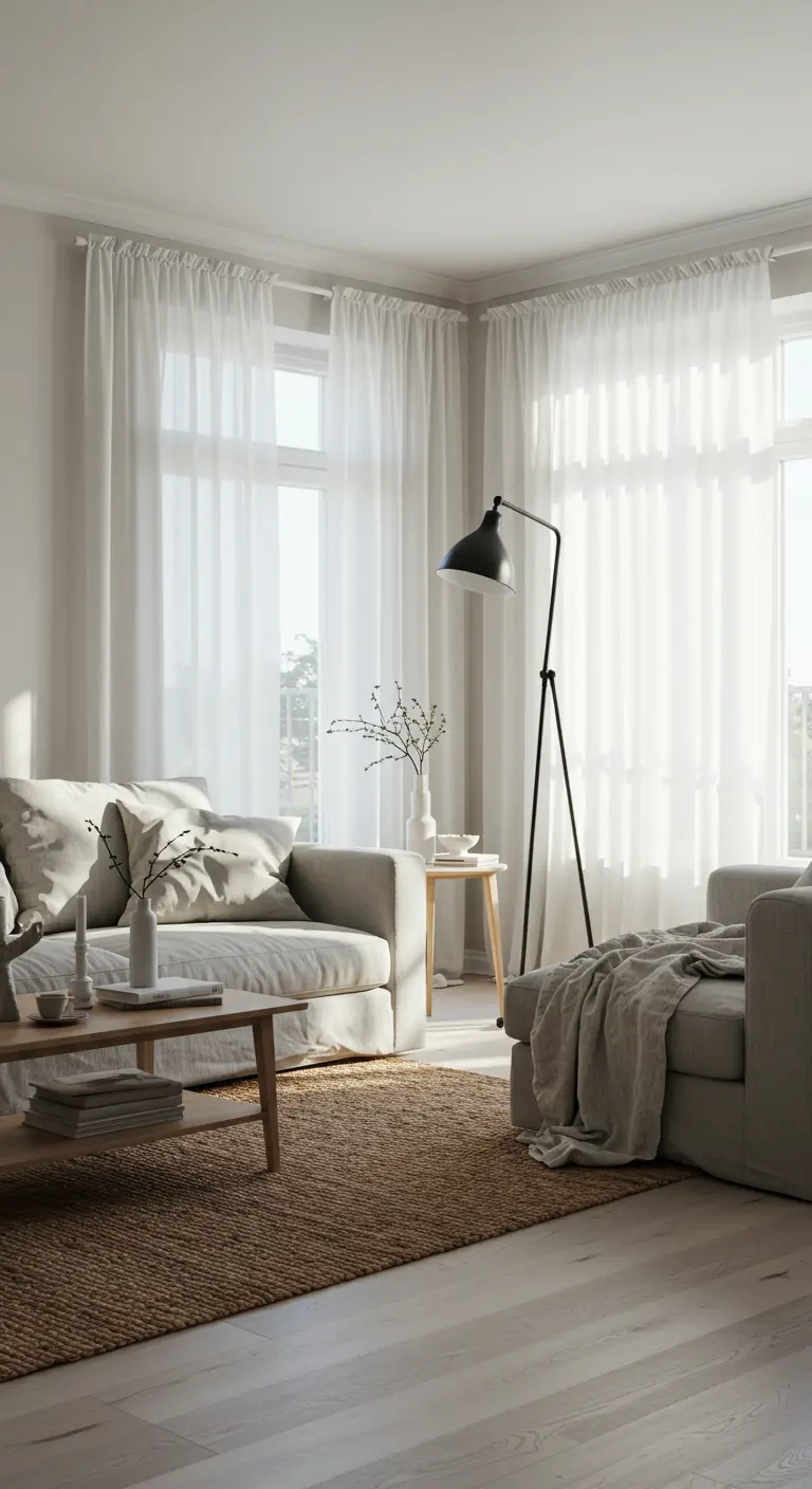 Sunlit living room with sheer white curtains, a beige sofa, and a natural jute rug.