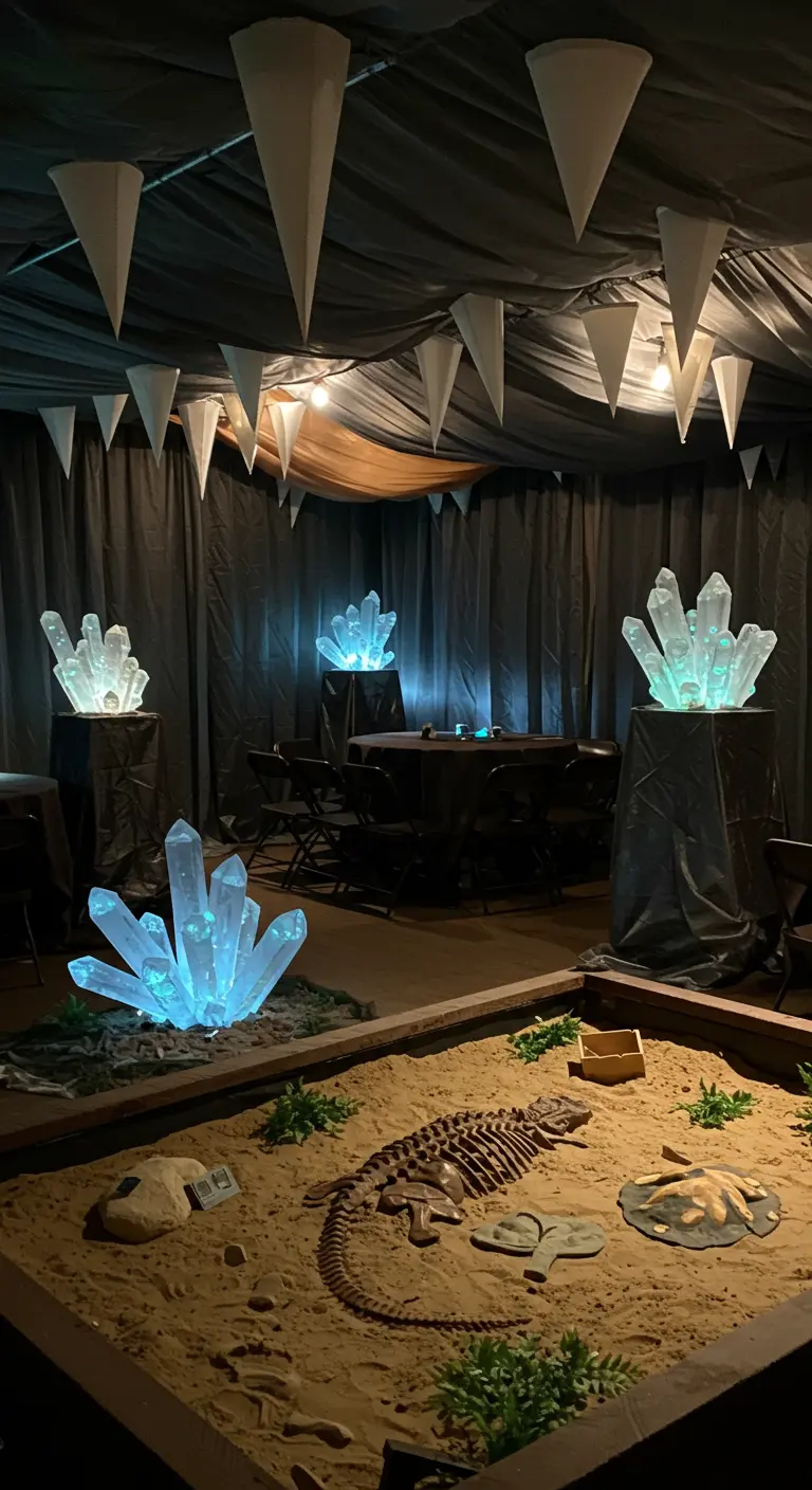 A dinosaur/cave-themed party with a dig site and glowing blue crystals.