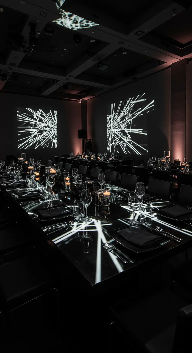 A dark dining room with abstract light patterns projected onto the tables.