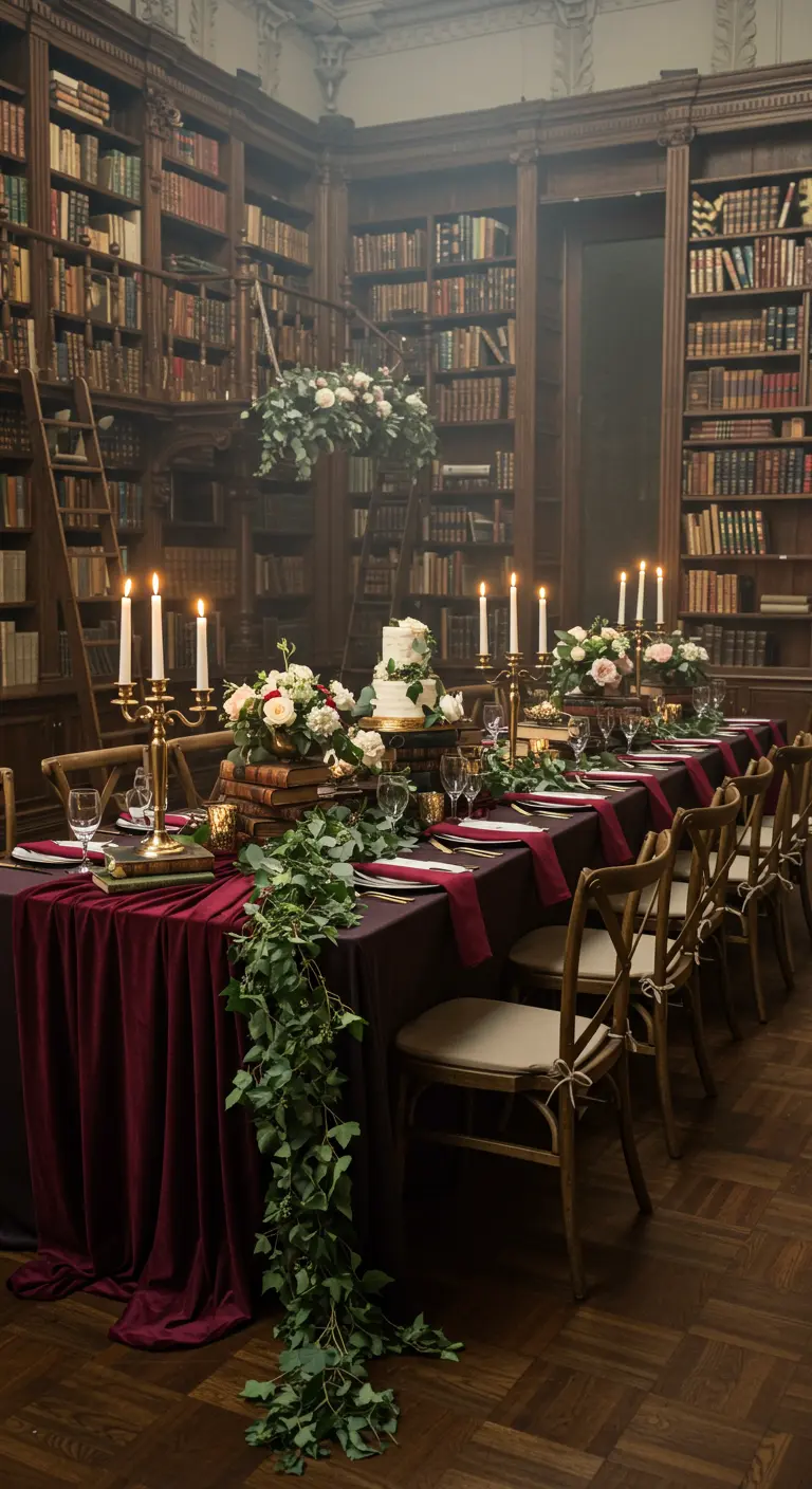 Grand library dining table with book centerpieces, candelabras, and burgundy velvet tablecloth.