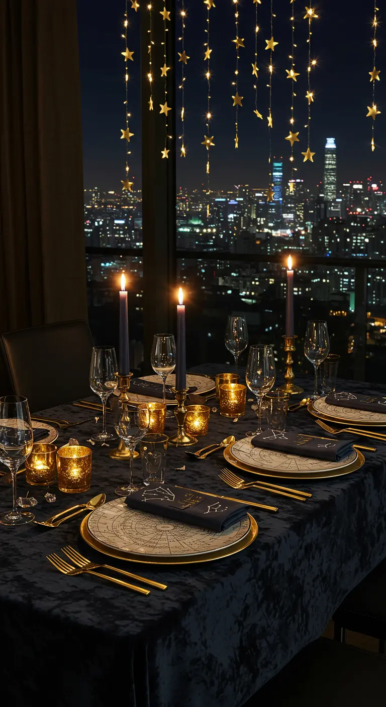 A close-up of a celestial tablescape with constellation-patterned plates and gold cutlery.