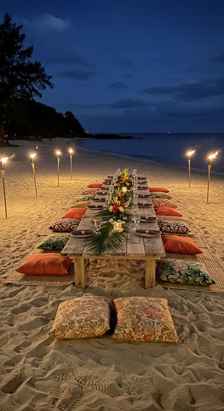 Low dining table on the sand at dusk, surrounded by pillows and tiki torches.